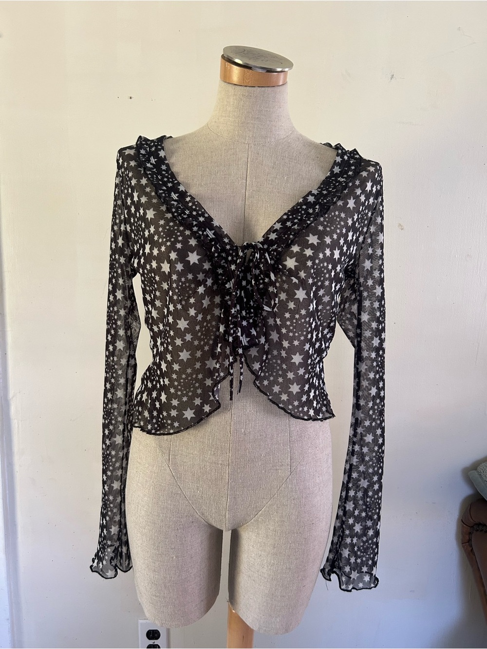 Free People Black & White Star Sheer Tie-Front Blouse